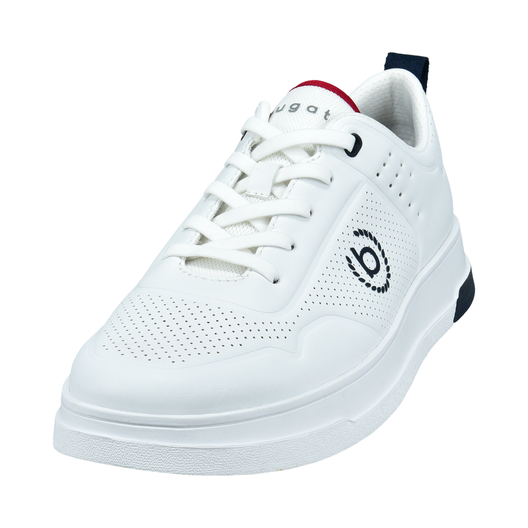 White low-top lace-up sneaker with perforated panels and dark logo