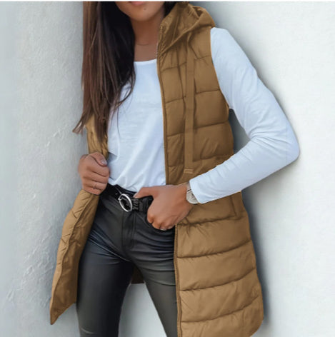 Women's long sleeveless hooded quilted puffer vest with zip front