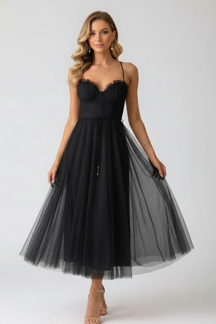 Women's tulle corset dress with sweetheart neckline and layered A-line skirt