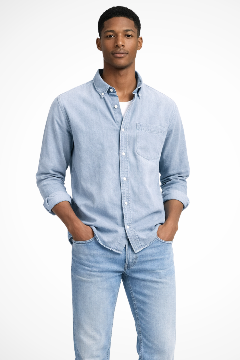 Men's button-down denim shirt with long sleeves and chest pocket