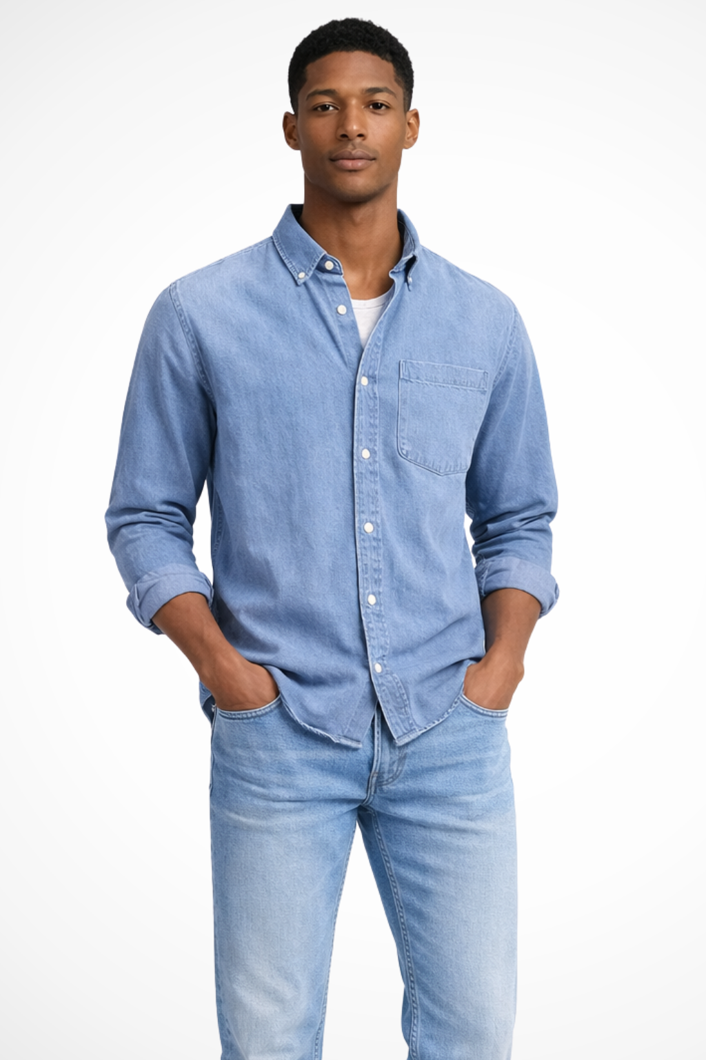 Men's button-down denim shirt with long sleeves and chest pocket