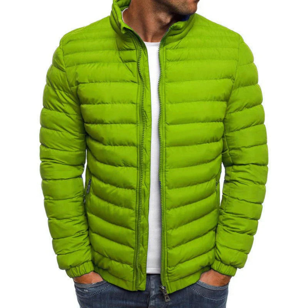 Men's quilted puffer jacket with high collar, long sleeves and zipped pockets