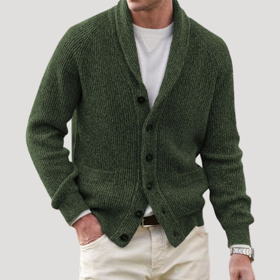 Men's ribbed knit cardigan with shawl collar, button front and front pockets