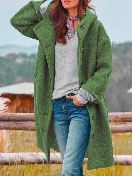 Women's longline hooded coat with button front, long sleeves and turned-back cuffs