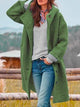 Women's longline hooded coat with button front, long sleeves and turned-back cuffs