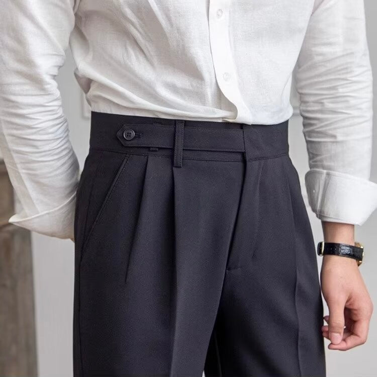 High-waisted pleated straight-leg trousers with belt