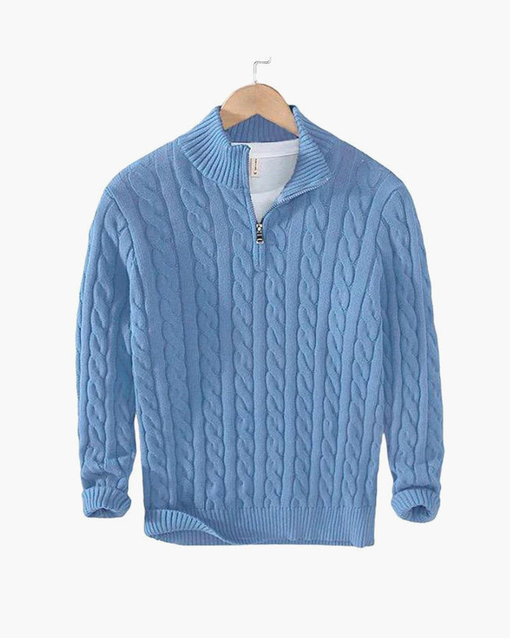 Men's cable knit quarter-zip sweater with mock neck and ribbed trims