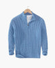 Men's cable knit quarter-zip sweater with mock neck and ribbed trims
