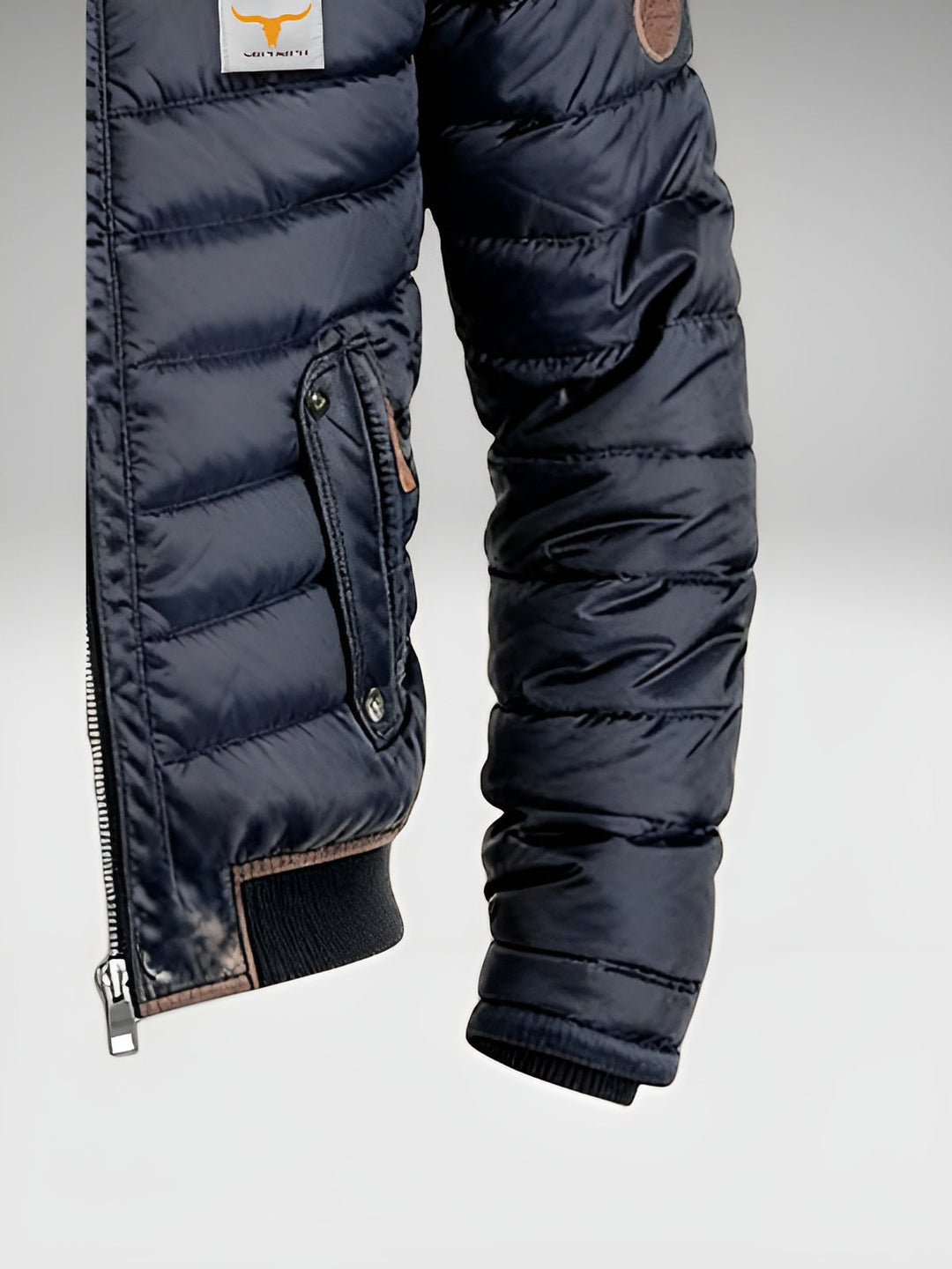 Men's navy quilted jacket with stand collar, zip front and multiple pockets