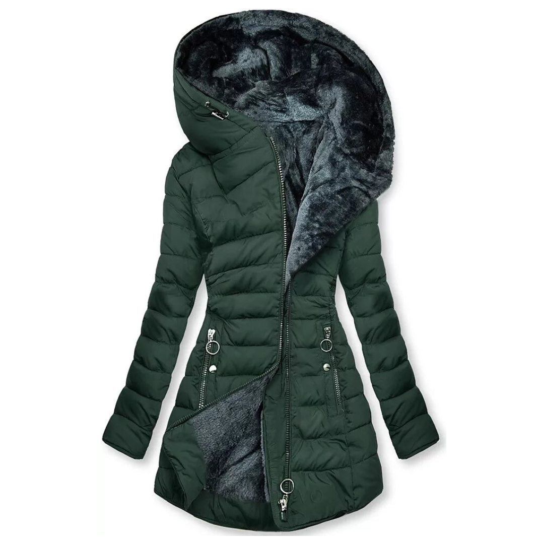 Women's hooded quilted coat with plush-textured lining and zip pockets