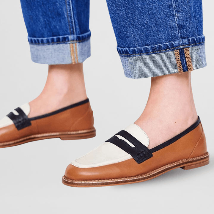 Women's colorblock slip-on loafers with contrasting strap detail