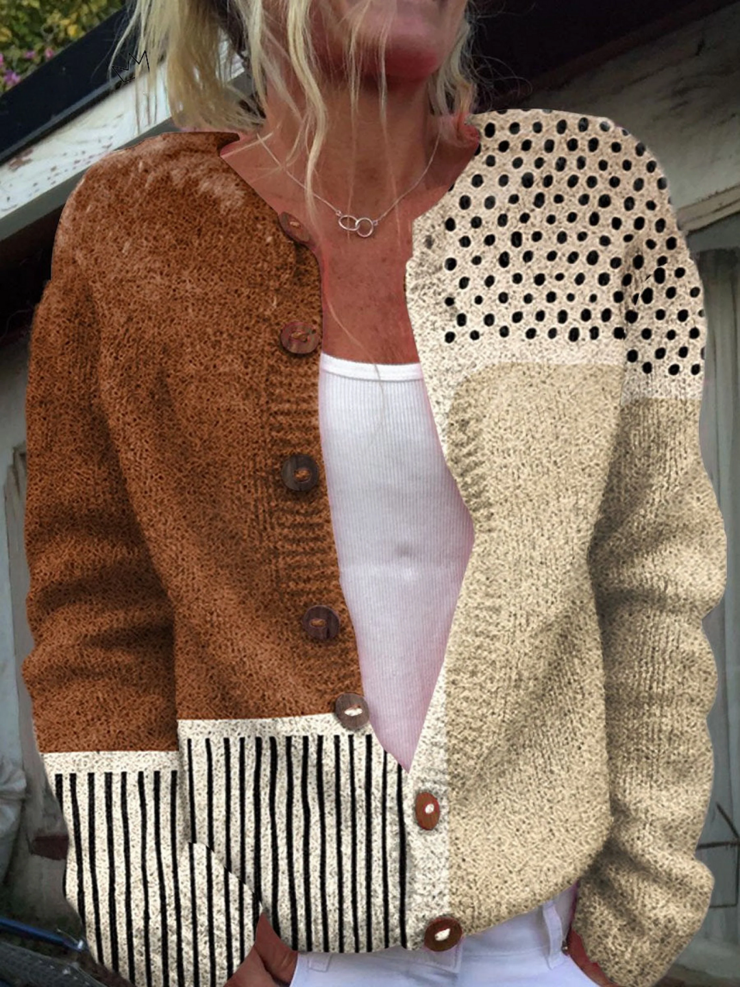 Women's textured knit cardigan with dotted and striped panels