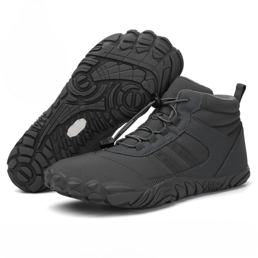 Winter barefoot high-top shoes with lace-up front and deep treaded soles