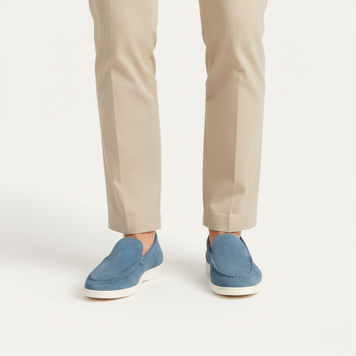 Men's classic slip-on loafers with moc toe stitching and flat soles