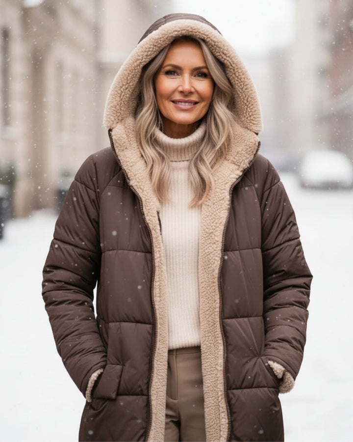 Women's long reversible quilted coat with contrasting trim and hooded collar