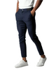 Men's slim tapered chino trousers shown in black and navy with button waist and ankle-length legs