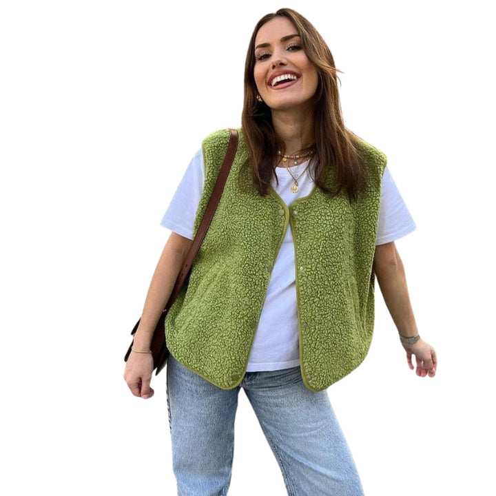 Women's sleeveless textured cardigan vest with V-neck, buttons and front pockets