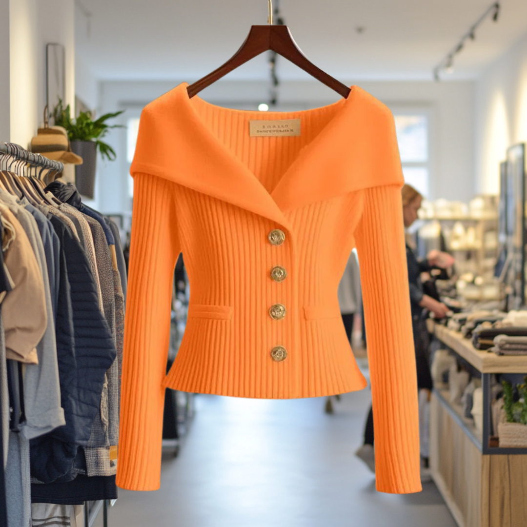 Women's ribbed button front cardigan with shawl collar, long sleeves and front pockets
