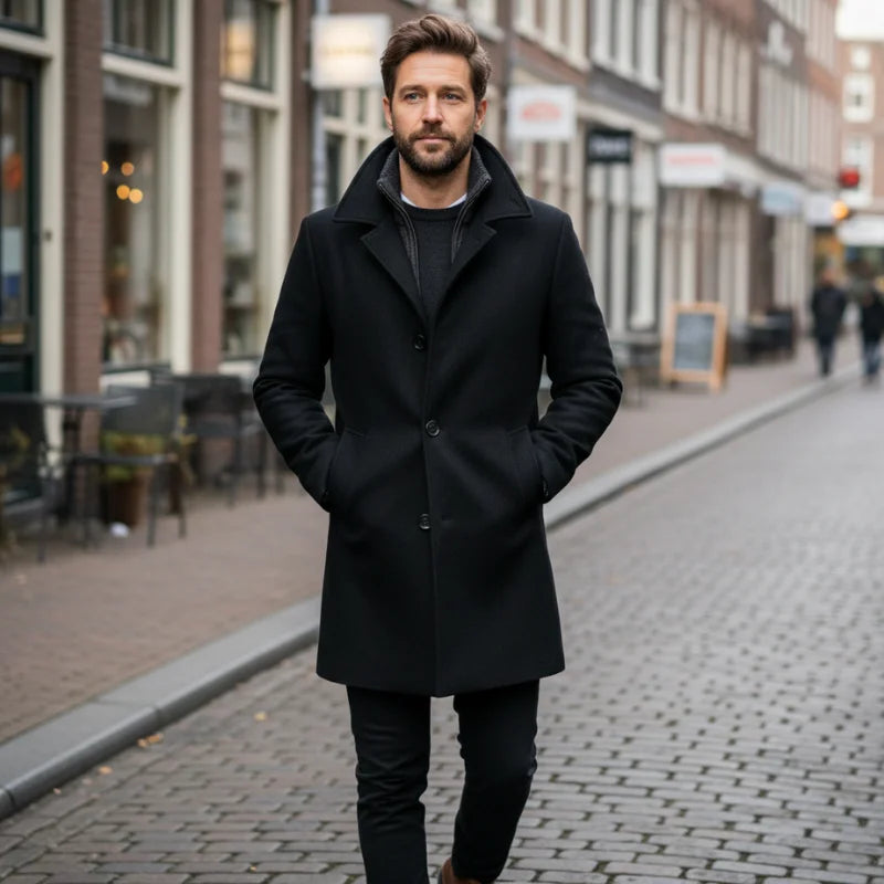 Men's long two-piece coat with mock neck, lapels, pockets, and long sleeves
