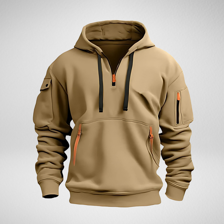 Men's hooded long-sleeve hoodie with quarter-zip neck and utility pockets