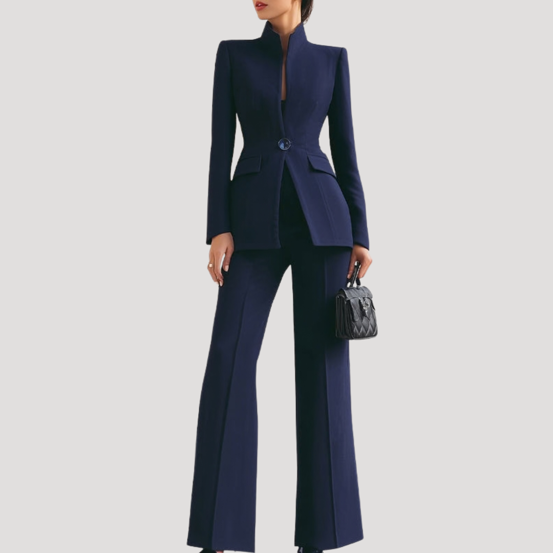 Women's blazer and wide-leg trouser suit set with high collar