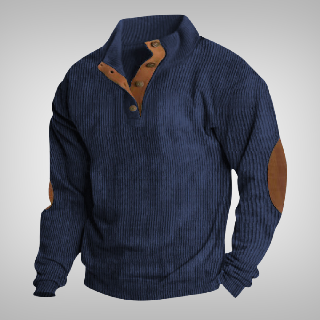 Men's ribbed mock neck sweater with button placket and elbow patches