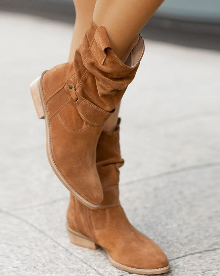Women's slouch ankle boots with low heels, side zippers and wraparound straps