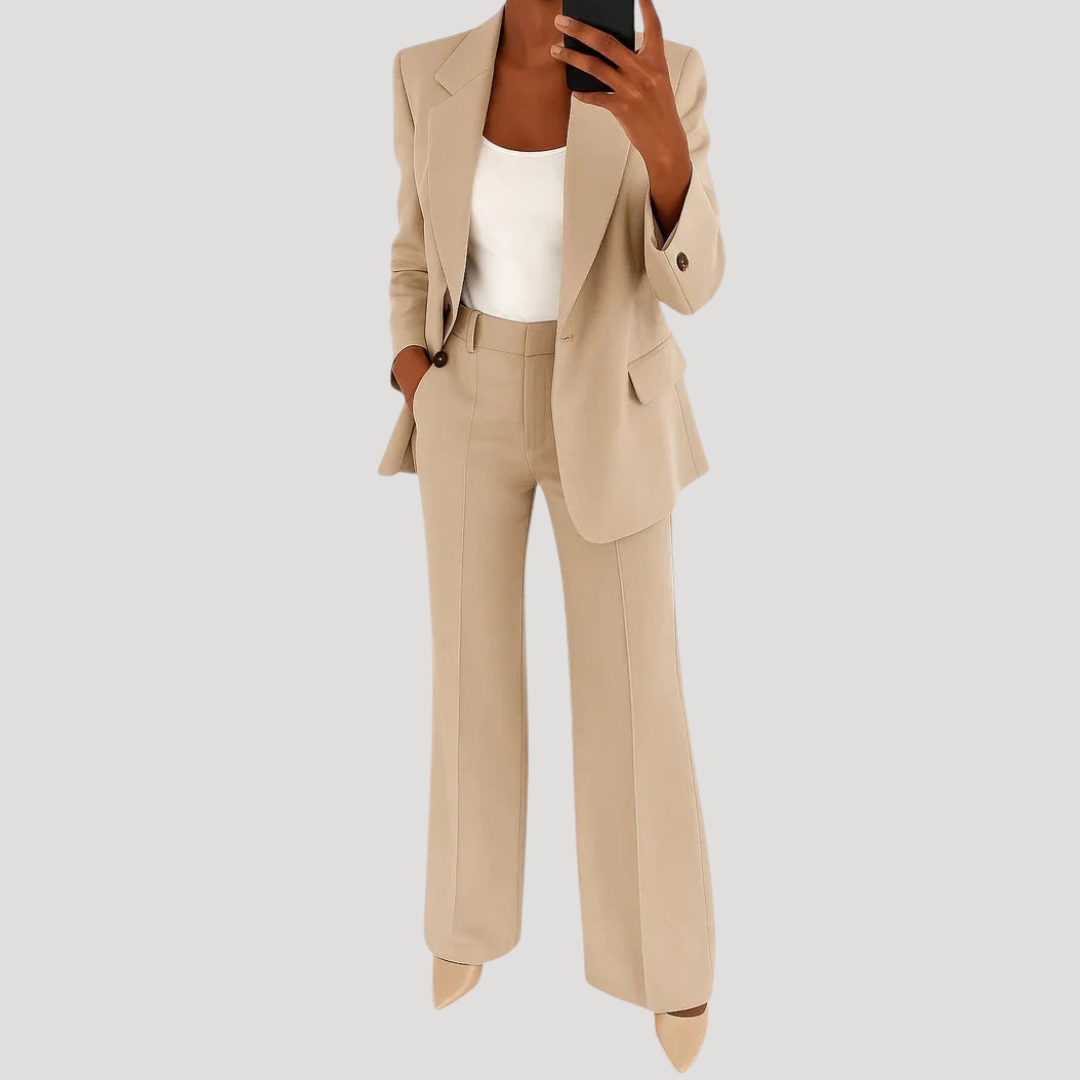 Women's tailored two-piece suit with notched-lapel blazer and straight-leg trousers