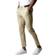 Men's slim tapered chino trousers shown in black and navy with button waist and ankle-length legs
