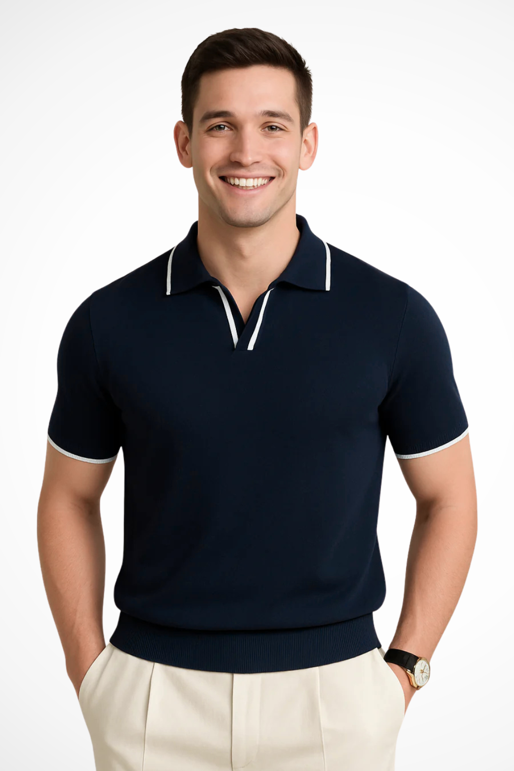 Men's slim fit knit polo shirt with contrast collar and sleeve trim