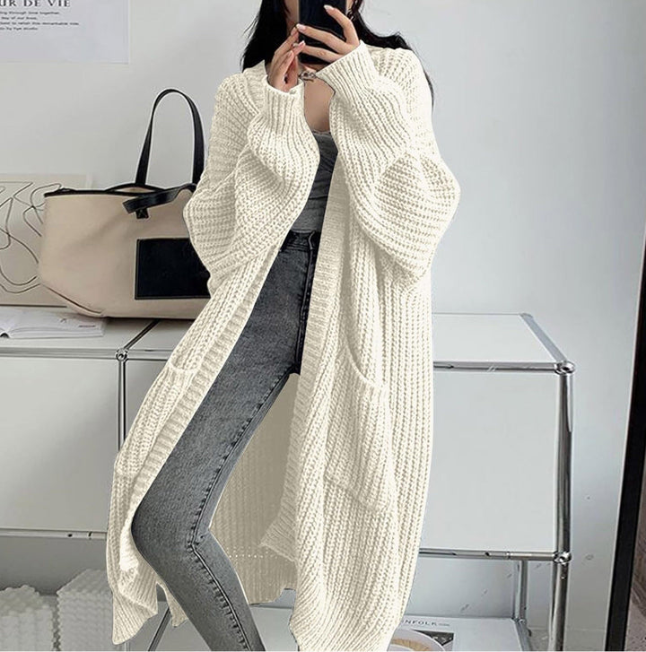 Women's long ribbed knit cardigan with open front and patch pockets