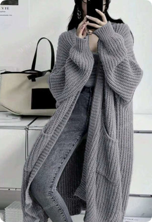 Women's long ribbed knit cardigan with open front and patch pockets