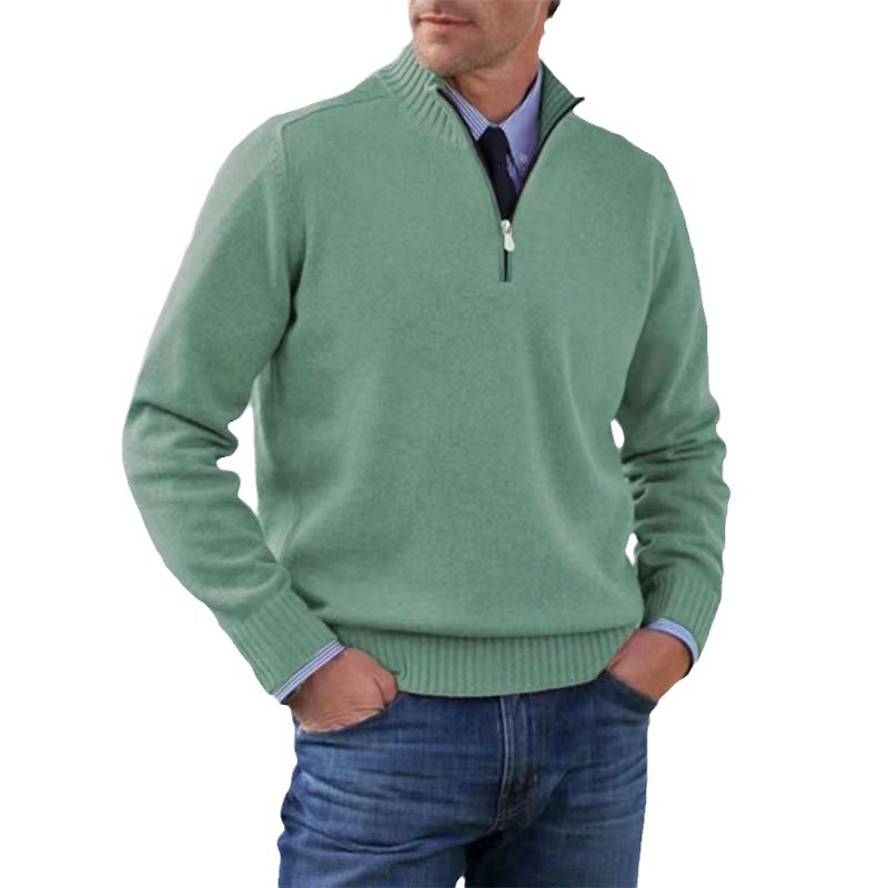 Men's long-sleeve half-zip mock neck sweater with ribbed trims
