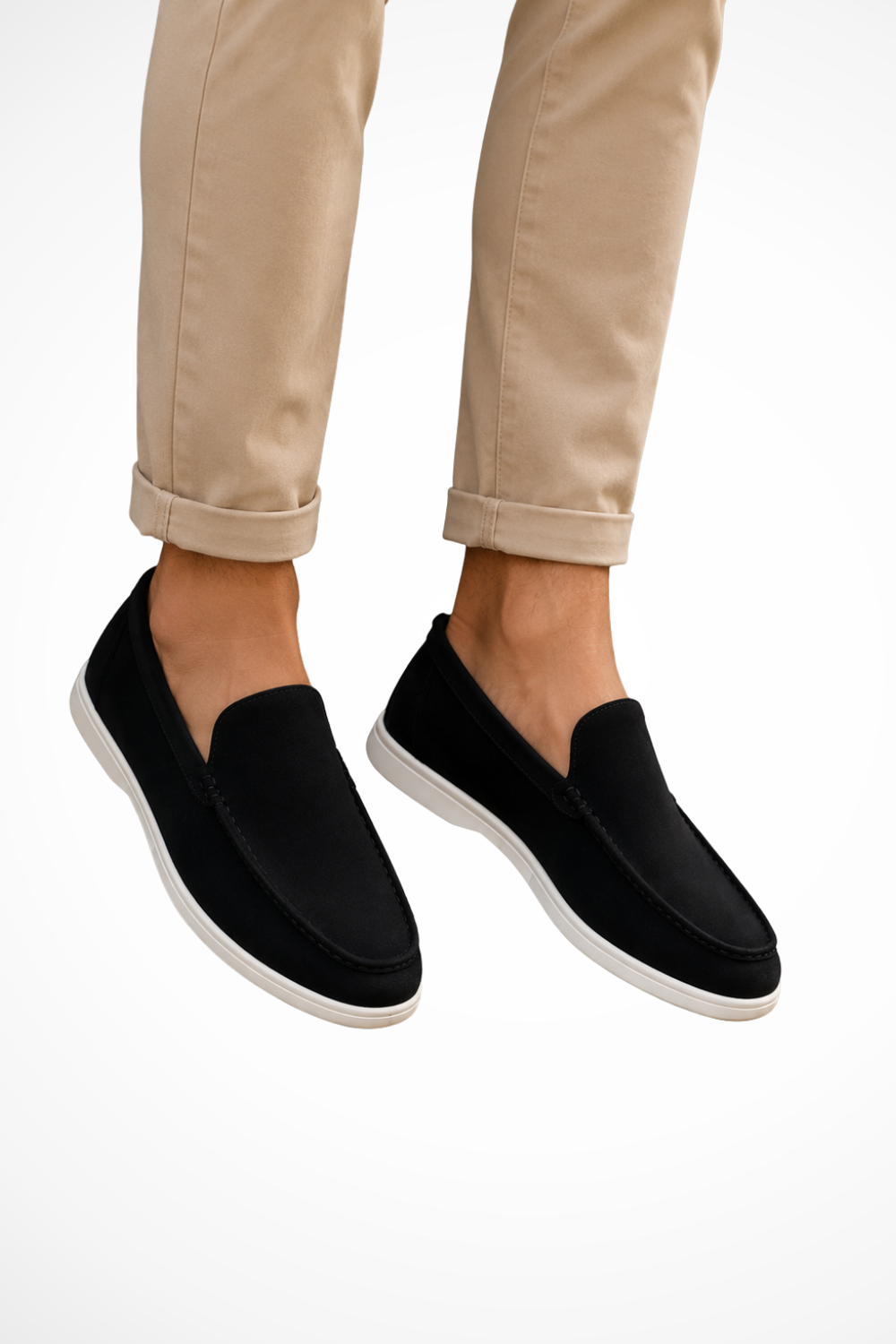 Men's slip-on loafers with rounded moc toe stitching and flat white soles