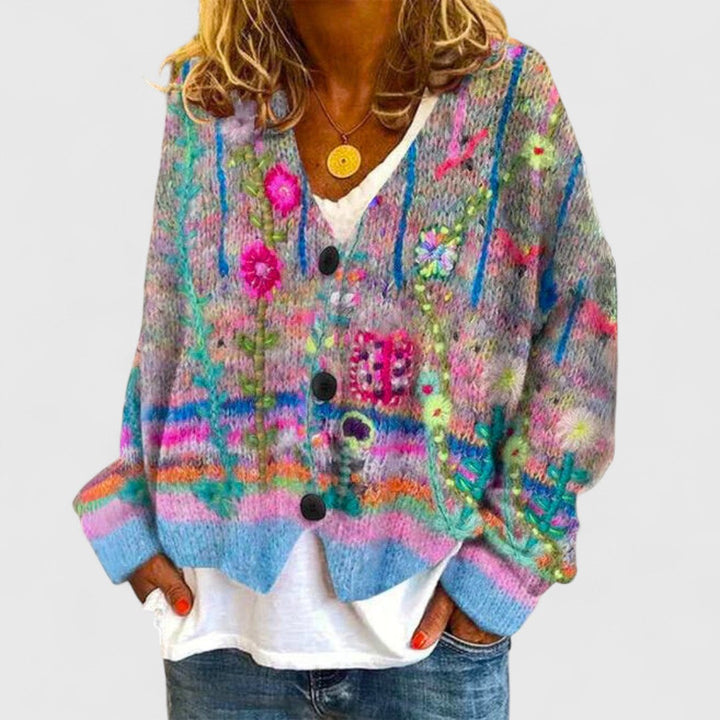 Women's floral striped V-neck button cardigan with long sleeves