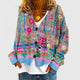 Women's floral striped V-neck button cardigan with long sleeves