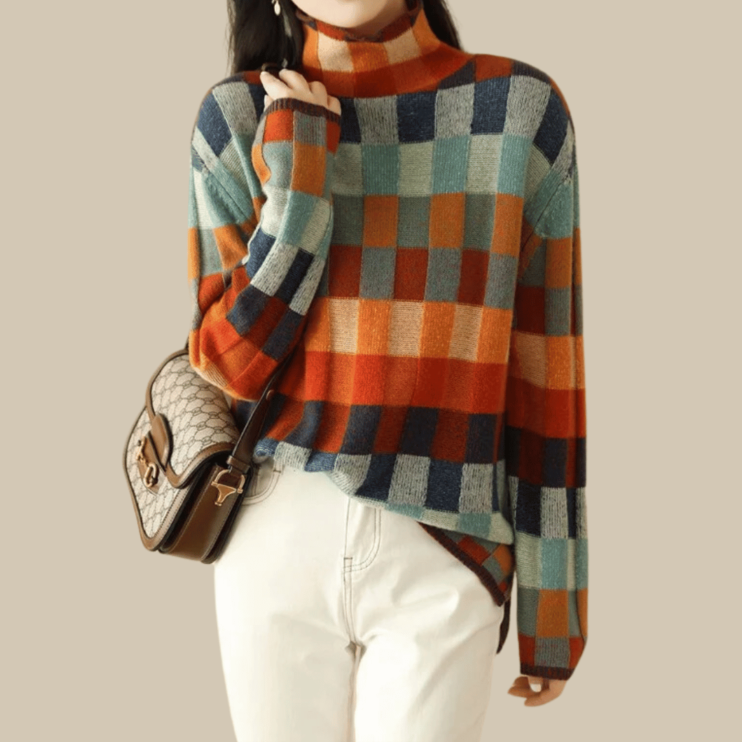 Women's multicolor patchwork turtleneck sweater with long sleeves