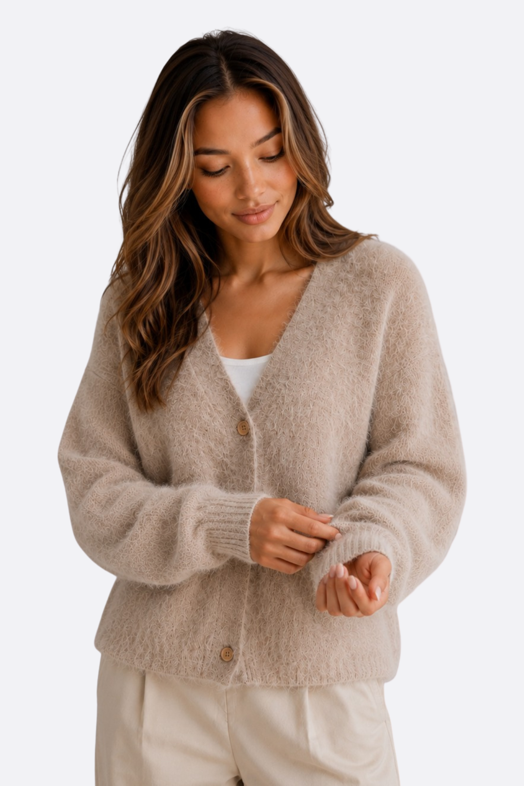 Women's textured V-neck cardigan with long sleeves and button front