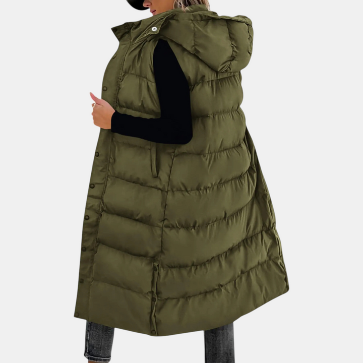 Women's long hooded puffer gilet with snap front and side pockets