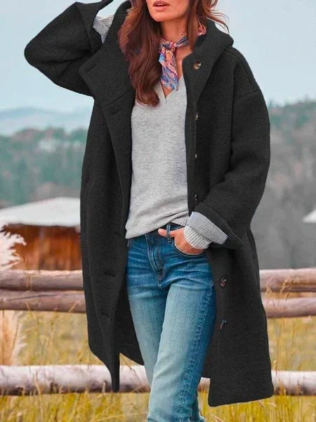 Women's longline hooded coat with button front, long sleeves and turned-back cuffs