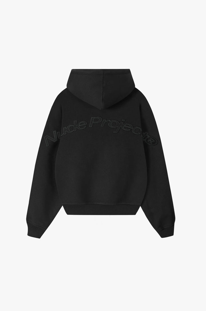 Black hooded sweatshirt with raised lettering on the back and sleeves