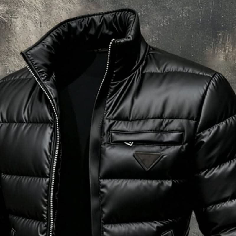 Men's black quilted puffer jacket with stand collar and front zipper