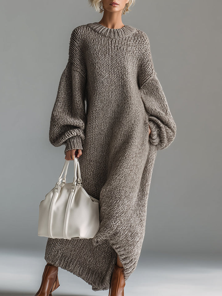 Women's full-length knit dress with crew neck and long balloon sleeves