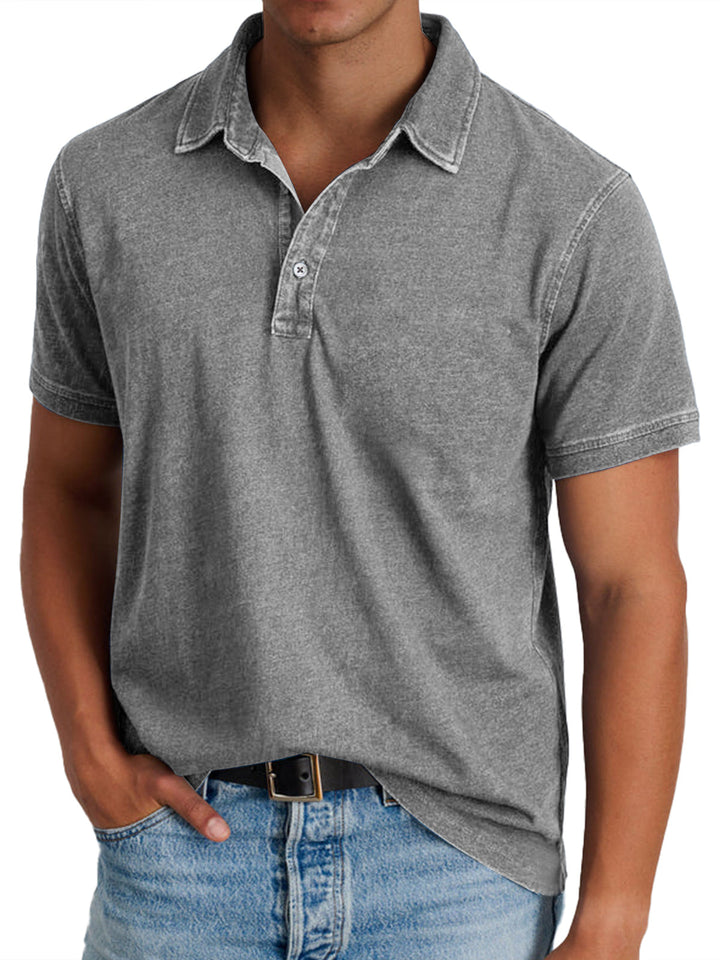 Men's blue polo shirt with collar and button front, short sleeves