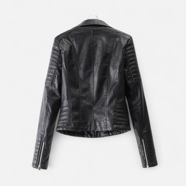 Women's black biker jacket with diagonal zip front and quilted sleeves