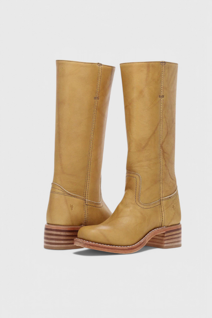 Tall pull-on boots with rounded toes and low block heels