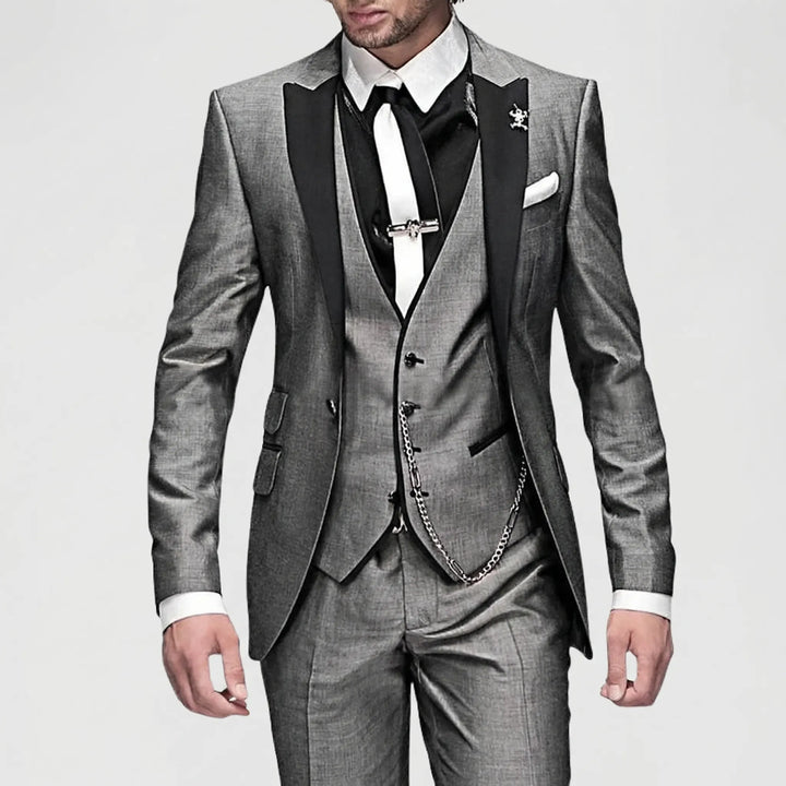Men's three piece slim fit suit with contrast lapels and waistcoat
