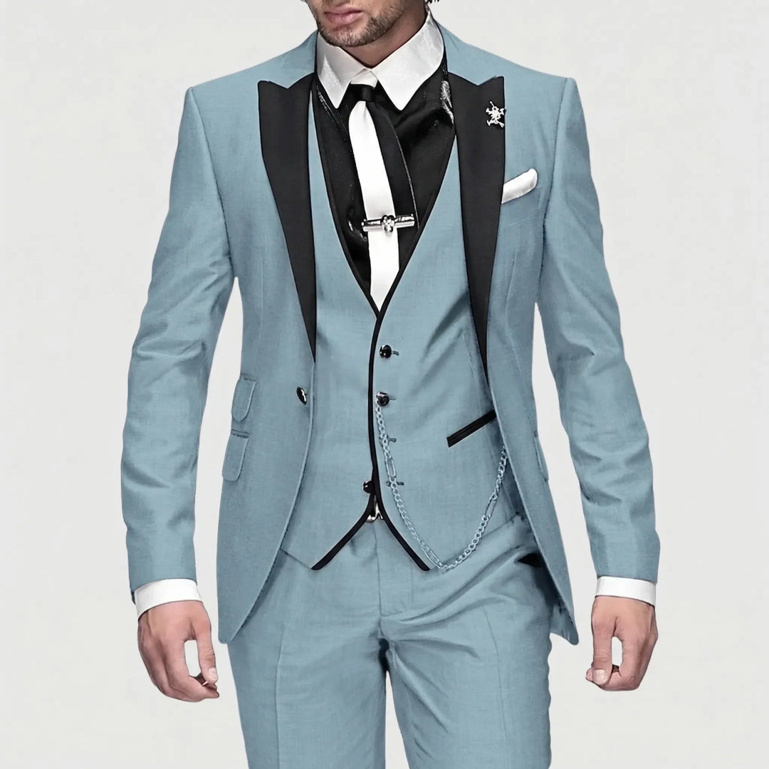 Men's three piece slim fit suit with contrast lapels and waistcoat