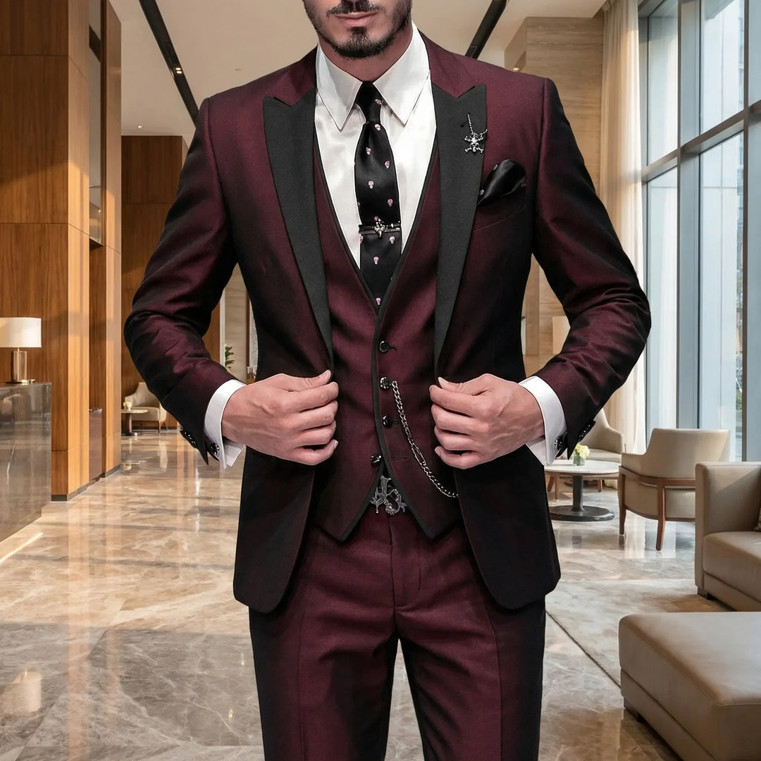 Men's three piece slim fit suit with contrast lapels and waistcoat