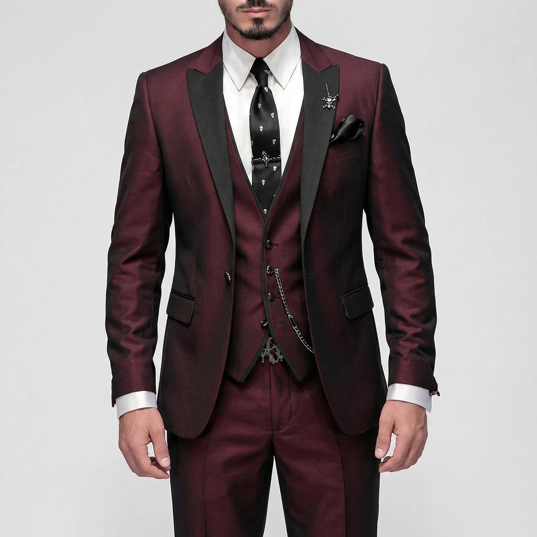 Men's three piece slim fit suit with contrast lapels and waistcoat